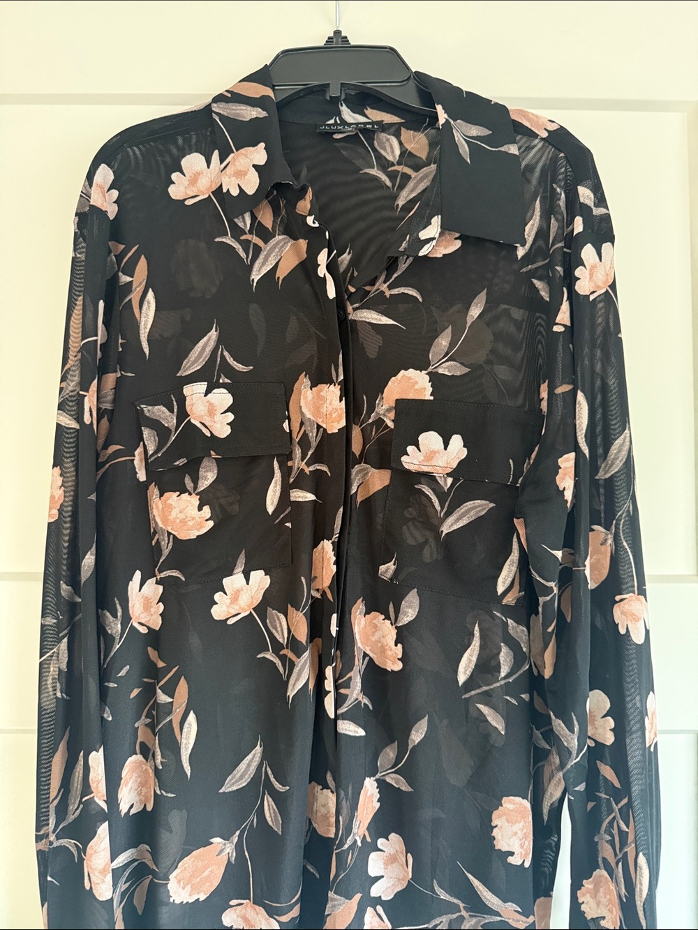 JLUXLABEL Black Sheer Floral Blouse with Peach and Cream Leaves
